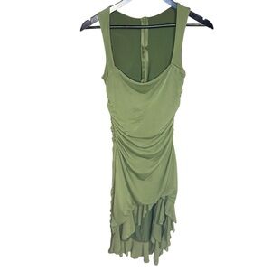 Olive Green Medium Wedding Guest Spring Ruched Midi Dress Ruffle Hem Bodycon